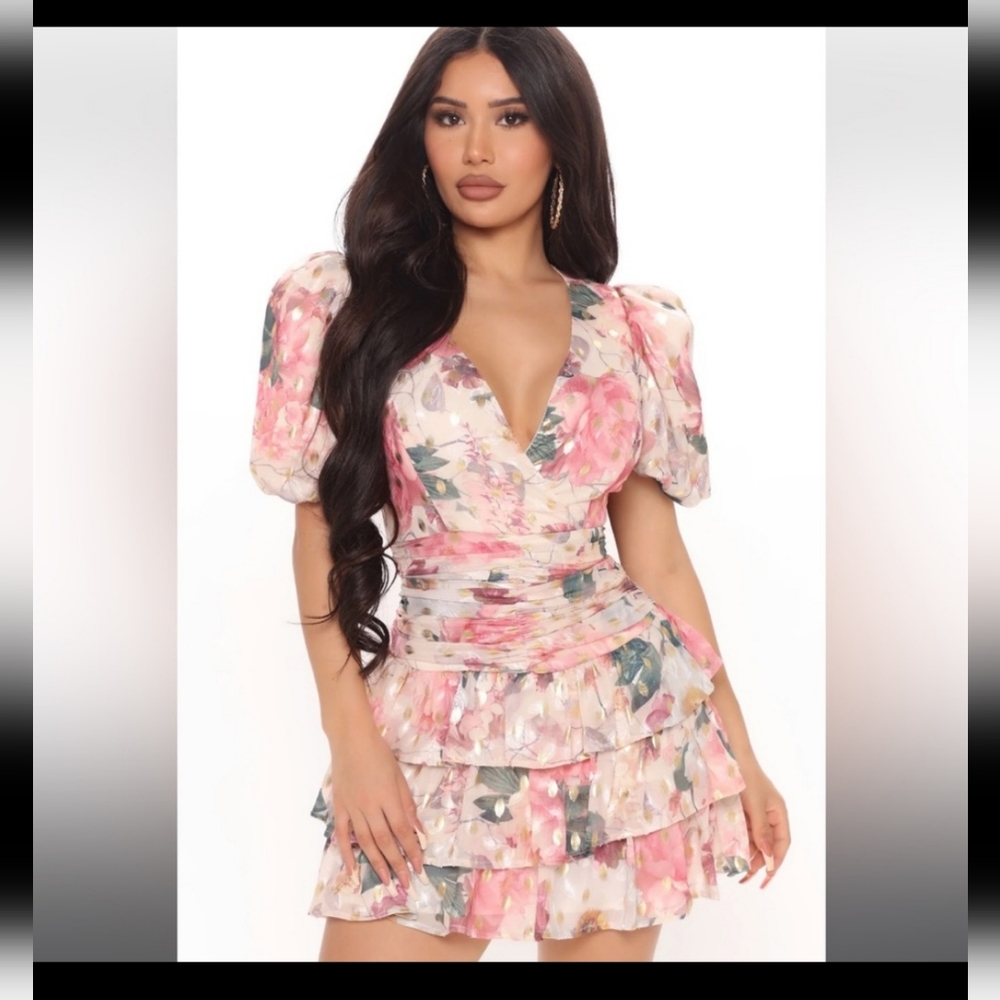 Floral Mini Dress - Ruffles Puff Sleeve Gold Feminine